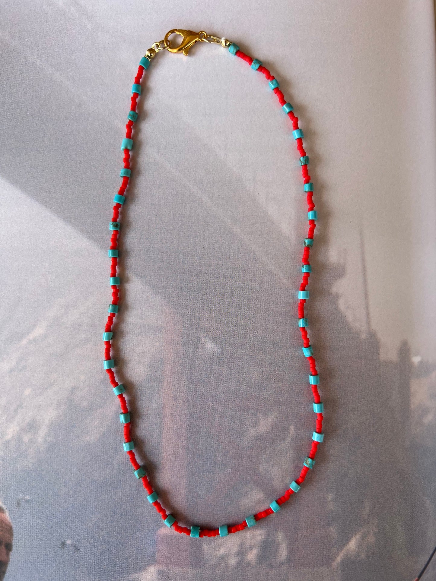 Seed Bead (red) & Turquoise Necklace
