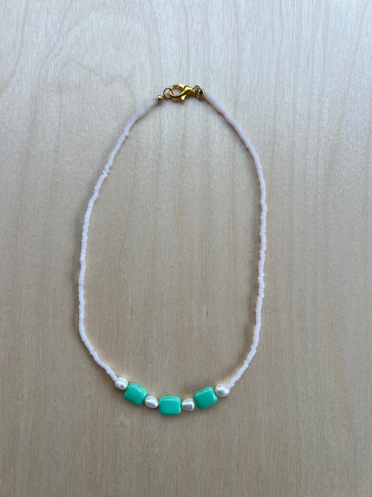 Seed Bead, Pearl & Vintage Turquoise Necklace