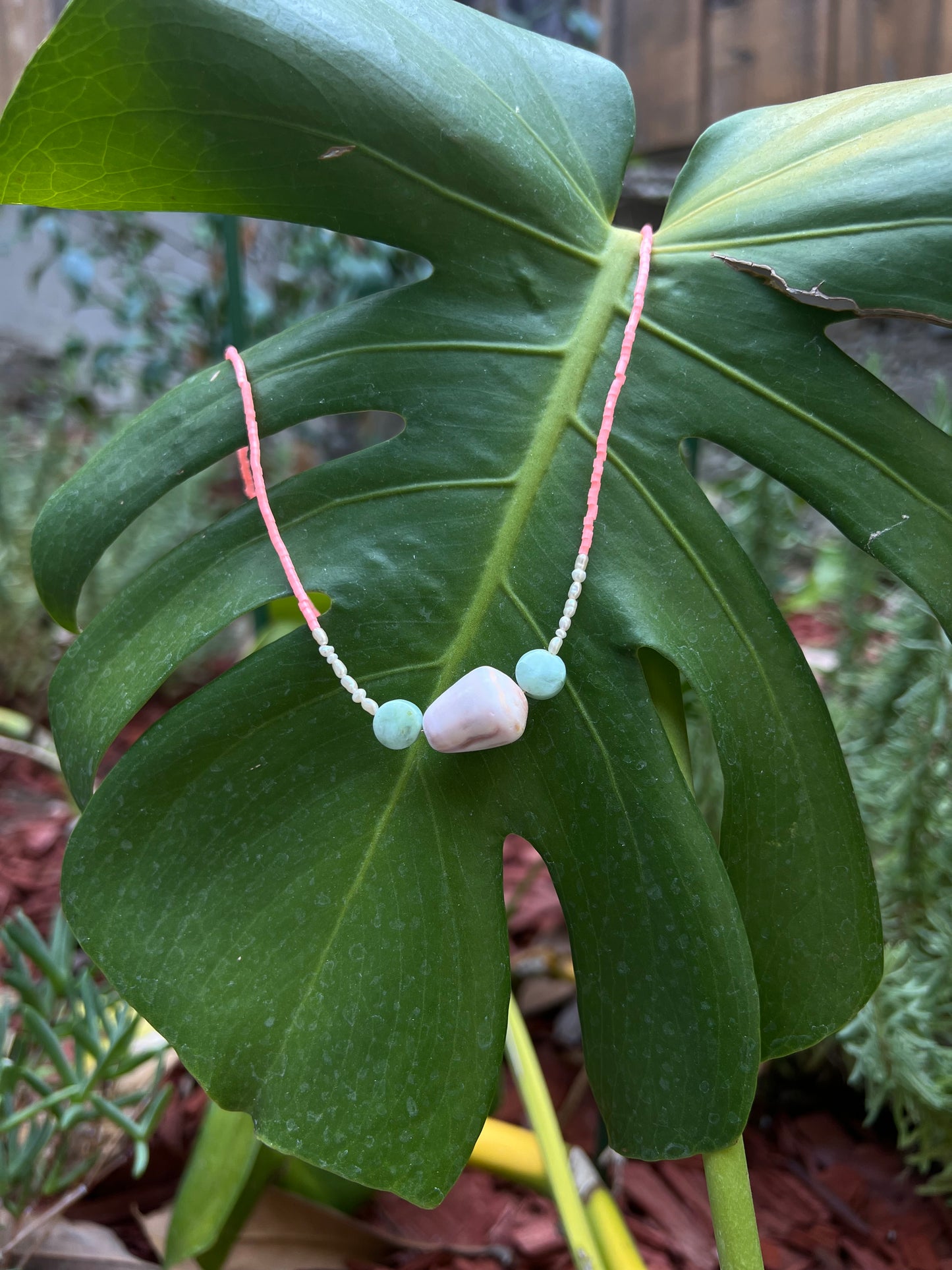 Pink Beaded Pūpū ʻalā with Amazonite