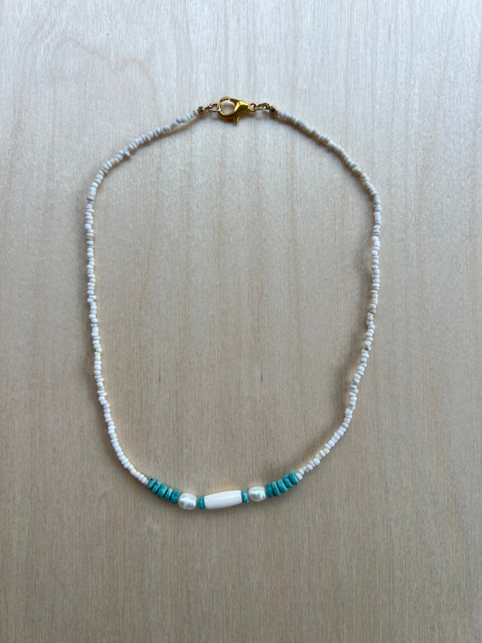 Seed Bead, Pearl, Bone & Vintage Turquoise Necklace