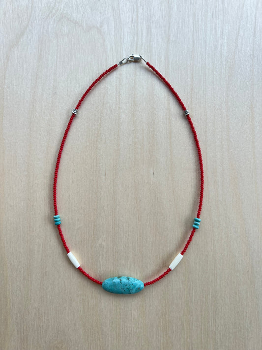 Seed Bead, Bone & Turquoise Necklace