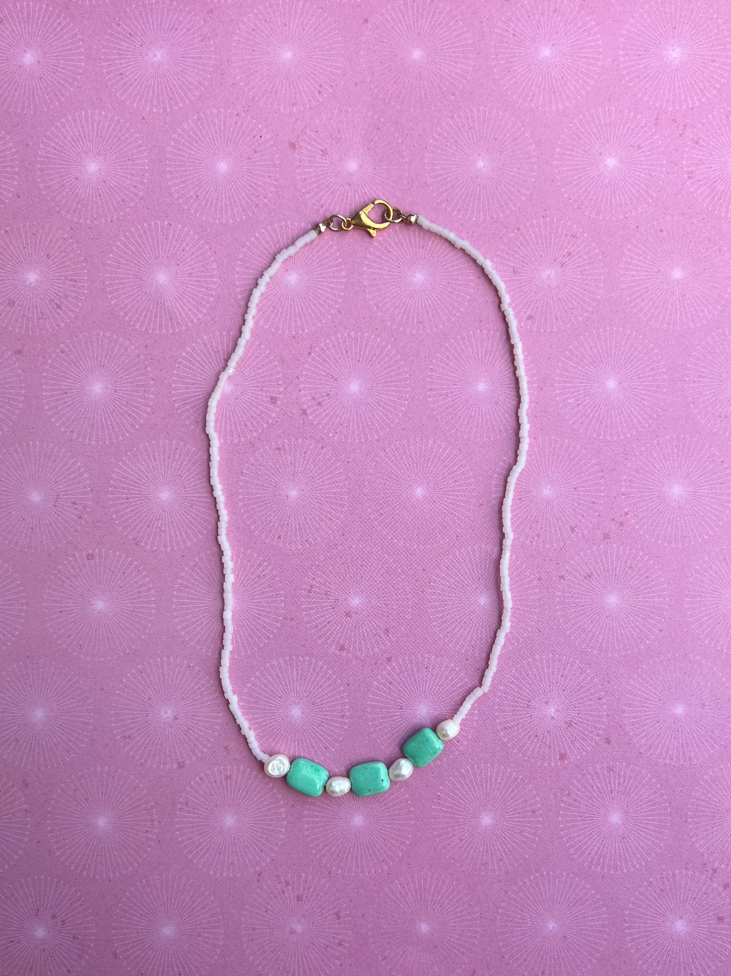 Seed Bead, Pearl & Vintage Turquoise Necklace